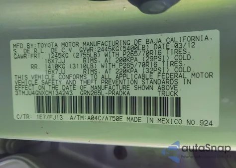 2012 Toyota Tacoma Double Cab Prerunner from USA, damaged, VIN 3TMJU4GNXCM134243